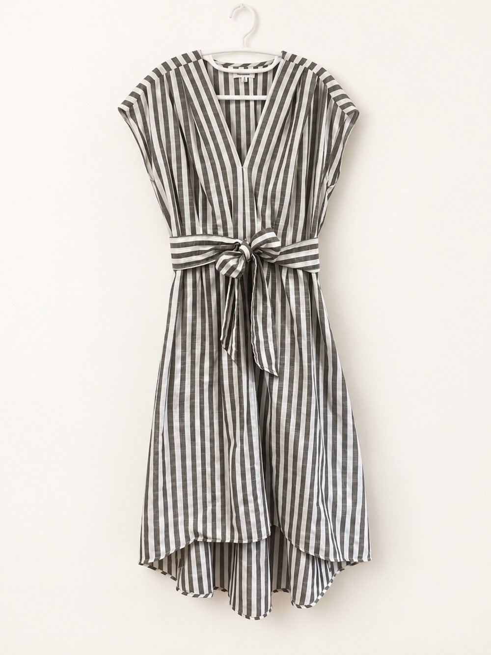 Max Studio Black and White Striped V-Neck Tie-Waist Maxi Dress